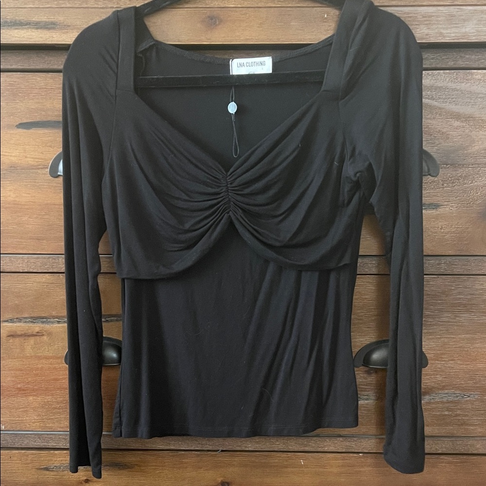 LNA Black Ruched Long Sleeve Blouse